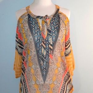 Myth NYC Boho Gold Black Top Blouse Sz Medium